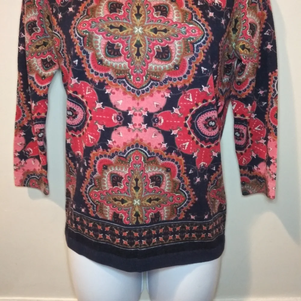 LAST CHANCE-Talbots Pink-Multi Morrocan Tile Patterned Merino Wool Sweater - Picture 3 of 8